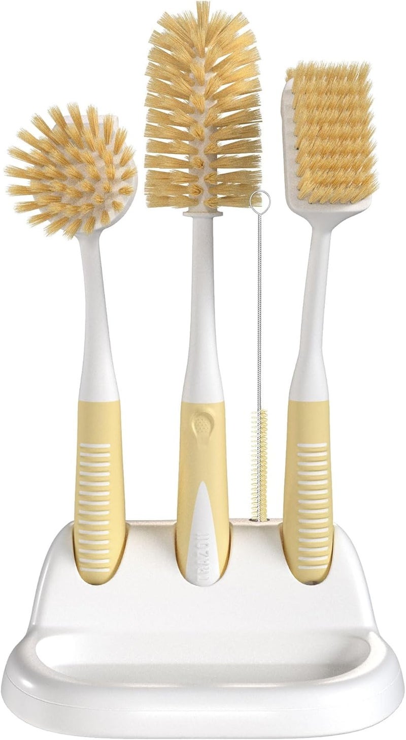 Trazon Dish Brush Set of 5 with Holder - Kitchen Scrub Brushes with Non-Slip Long Handle for Cleaning, Scrubber, Dishwashing, Dishes, Bottles, Straws, Cups, Pots & Sink, Baige - Image 1